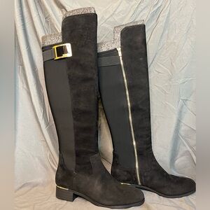 Women's Calvin Cyra Kid Suede Neoprene Flat Black Boots.
